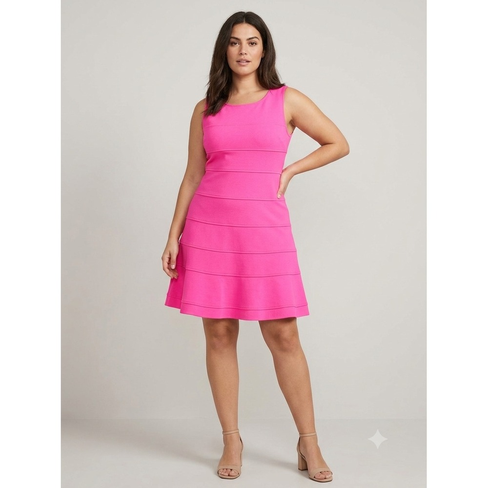 Trina Turk Hot Pink Lace Trim Slip Fit Flare Dress Sz 12 Sleeveless Ribbed